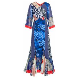 Etro Vestido Maxi Runway SS19 em Chiffon de Seda Azul Multicor