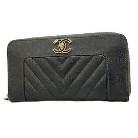 Cartera larga Chanel de piel de becerro granulada negra Negro