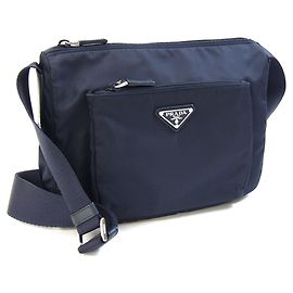 Bolsa de Ombro Prada em Nylon e Couro Azul Marinho Azul Azul marinho