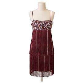Pinko Vestido Bordeaux com Franjas e Strass Bordeaux Metálico