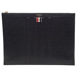 Thom Browne Black Pebble Grain Leather Debossed Diagonal Clutch Bag Medium Black