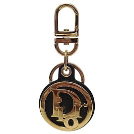 Dior Black Gold Grained Leather Oblique Keyring Black