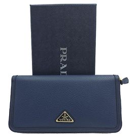 Prada Italo Daino Leather Zip Long Wallet Blue