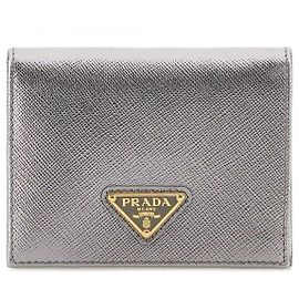 Prada Saffiano Triangle Logo Compact Wallet Silvery