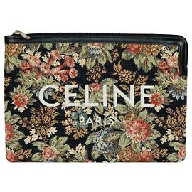 Céline Pochette avec logo brodé de fleurs Marron