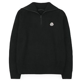 Moncler Herren-Strickpullover mit Stehkragen, halbem Reißverschluss und Logo-Patch Schwarz