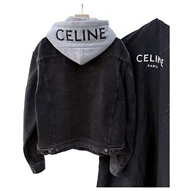 Céline Giacca in denim con cappuccio e logo nero Blu