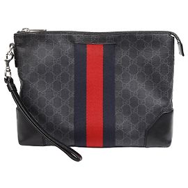Gucci GG Supreme Canvas Web Strap Clutch Bag Black Black