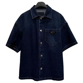 Prada Camicia in denim a maniche corte con tasca logo triangolare Blu