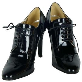 Chanel Patent Leather Lace-Up Heels Brown