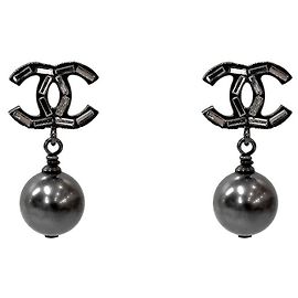 Chanel Pearl Earrings Silver Metal Silvery