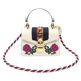 Gucci White Leather WEB Flower Embroidery Mini Top Handle White