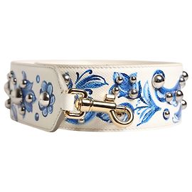 Dolce & Gabbana White Blue Floral Leather Stud Accessory Shoulder Strap White