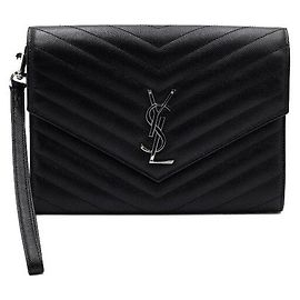Autre Marque Monogram Embossed Flap Strap Pouch Clutch Bag Black