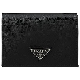 Prada Saffiano Triangle Logo Wallet Black Silver QHH Black