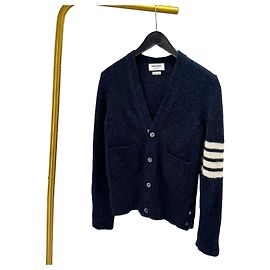 Thom Browne Shetland-Wollcardigan mit diagonaler Armbinde Navy Blau