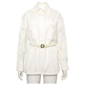 Fendi Casaco feminino em algodão branco com cinto logo FF Branco