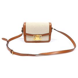 Céline Bolsa de Ombro Triomphe Tin em Pele de Bezerro Natural Têxtil Tan e White Marrom