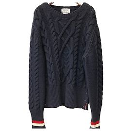 Thom Browne Wollstrickpullover mit Zopfmuster Navy Blau