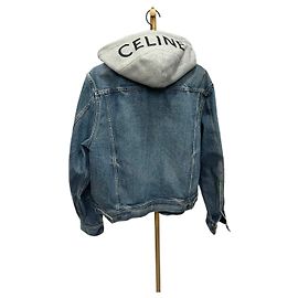 Céline Giacca in denim con cappuccio e logo bianco Blu