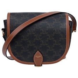 Céline Bolsa Tripole Canvas Medium Polka Bag Tan Marrom