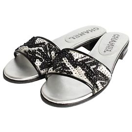 Chanel Sequin Sandal Slippers Weiß Weiß