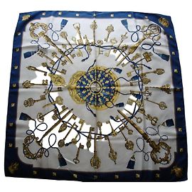 Hermès Carré Pañuelo de Seda Motif Llaves Blanco Azul Dorado