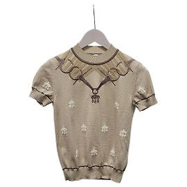 Hermès Beige Candy Ribless Jacquard-Strickpullover mit kurzen Ärmeln Braun