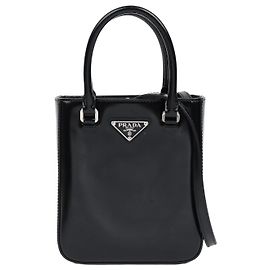 Prada Triangle Logo Small Brushed Leather Tote Bag Schwarz Schwarz