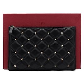 Valentino Quilted Leather Candy Stud Pouch Clutch Bag Black Black