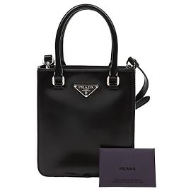 Prada Triangle Logo Small Brushed Leather Tote Bag Black Black