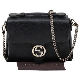 Gucci Interlocking Leather Top Handle Chain Shoulder Bag Black Black