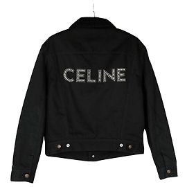 Céline Shearling Black Wash Stud Logo Denim Trucker Jacket Black