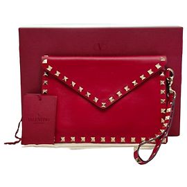 Valentino Leather Rockstud Envelope Strap Clutch Red
