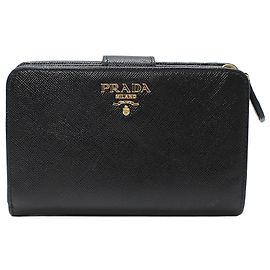 Prada Black Saffiano Leather Compact Wallet with Gold Logo Black