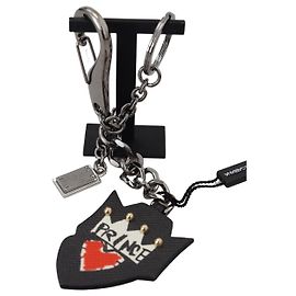 Dolce & Gabbana Black Prince Studs Logo Silver Brass Keychain Black