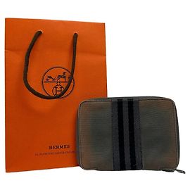 Carteira com zíper Vintage Hermès Canvas Tan Grey Black Silver Camelo