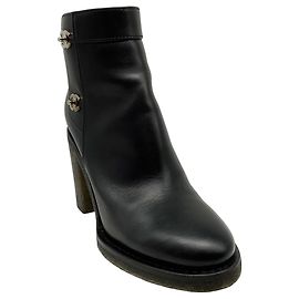 Chanel Black Leather CC Turn-Lock Ankle Boots Black
