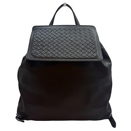 Bottega Veneta Lambskin Flap Intrecciato Drawstring Backpack Black Black