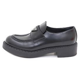 Prada Brushed Black Leather Triangle Logo Women's Loafers Black