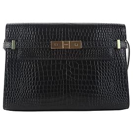Autre Marque Bolsa de Ombro Manhattan com Relevo de Crocodilo Preto
