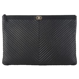 Chanel Chevron Gold Boy Clutch Large Black