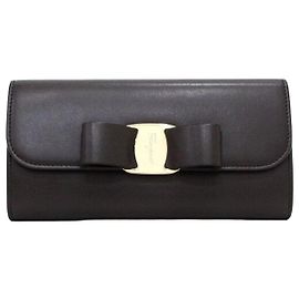 Salvatore Ferragamo Brown Leather Bow Flap Long Wallet Brown
