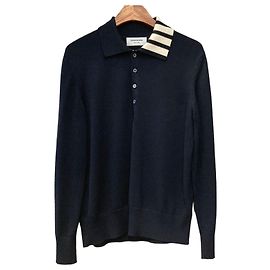 Thom Browne Diagonal Langarm-Strick mit Kragen in Navy Blau