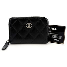 Chanel Caviar Silver Zip Card Holder Black