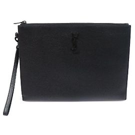 Autre Marque Black Grained Embossed Leather Monogram Zipped Tablet Holder Clutch Black