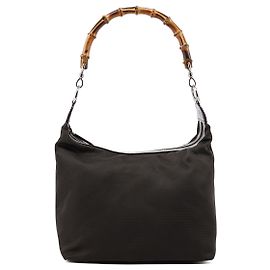 Gucci Bolsa de Ombro em Lona Castanha e Bambu Marrom