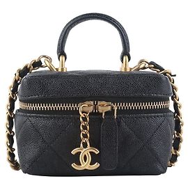 Chanel Bolsa Crossbody Mini Vanity com Alça e Corrente em Couro Caviar Marrom