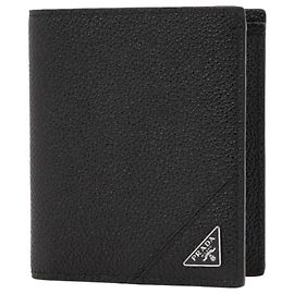 Prada Portefeuille bi-fold en Vitello avec logo triangle Noir
