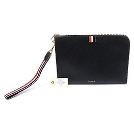 Thom Browne Black Pebble Grain Leather RWB Strap Medium Portfolio Clutch Black